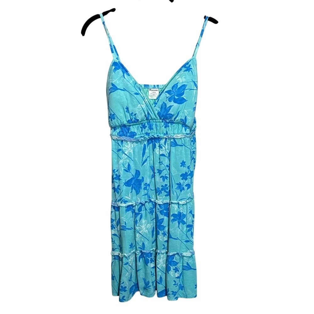 No Boundaries Womens Floral Tiered Mini Dress Aqua Blue V-Neck Size L 12-14